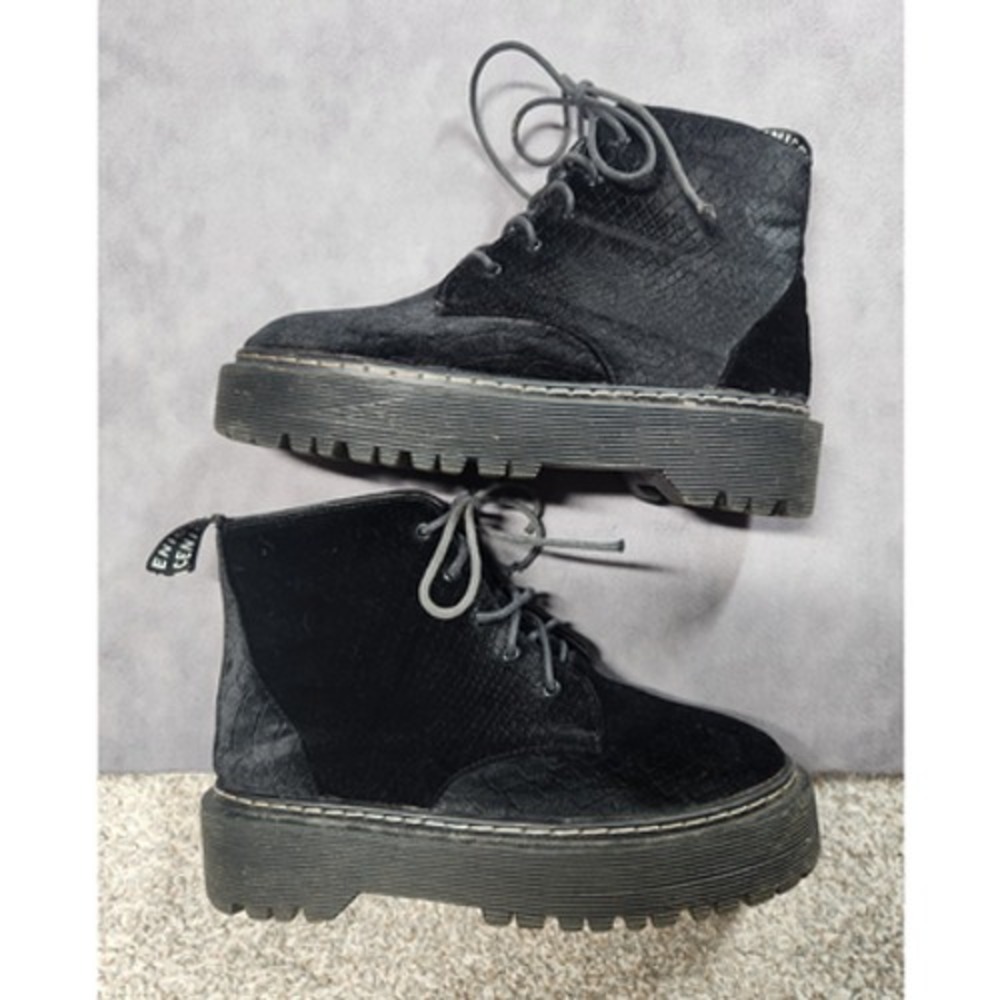 Velvet Platform Combat Boots Goth Grunge Women Black